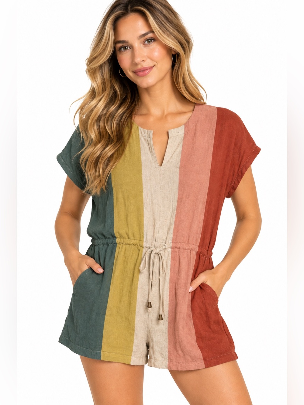 Entro Linen Striped Multicolor Short Sleeve Romper Size Large Women’s